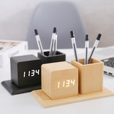 V-C112 wooden clock pen holder LED digits light acoustic sound control Thermometer Desk Table alarm
